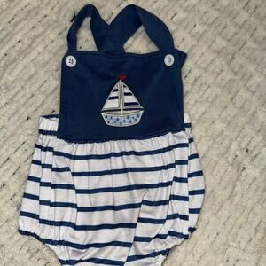 Sailboat Applique Romper Striped Blue Shortall 12 months